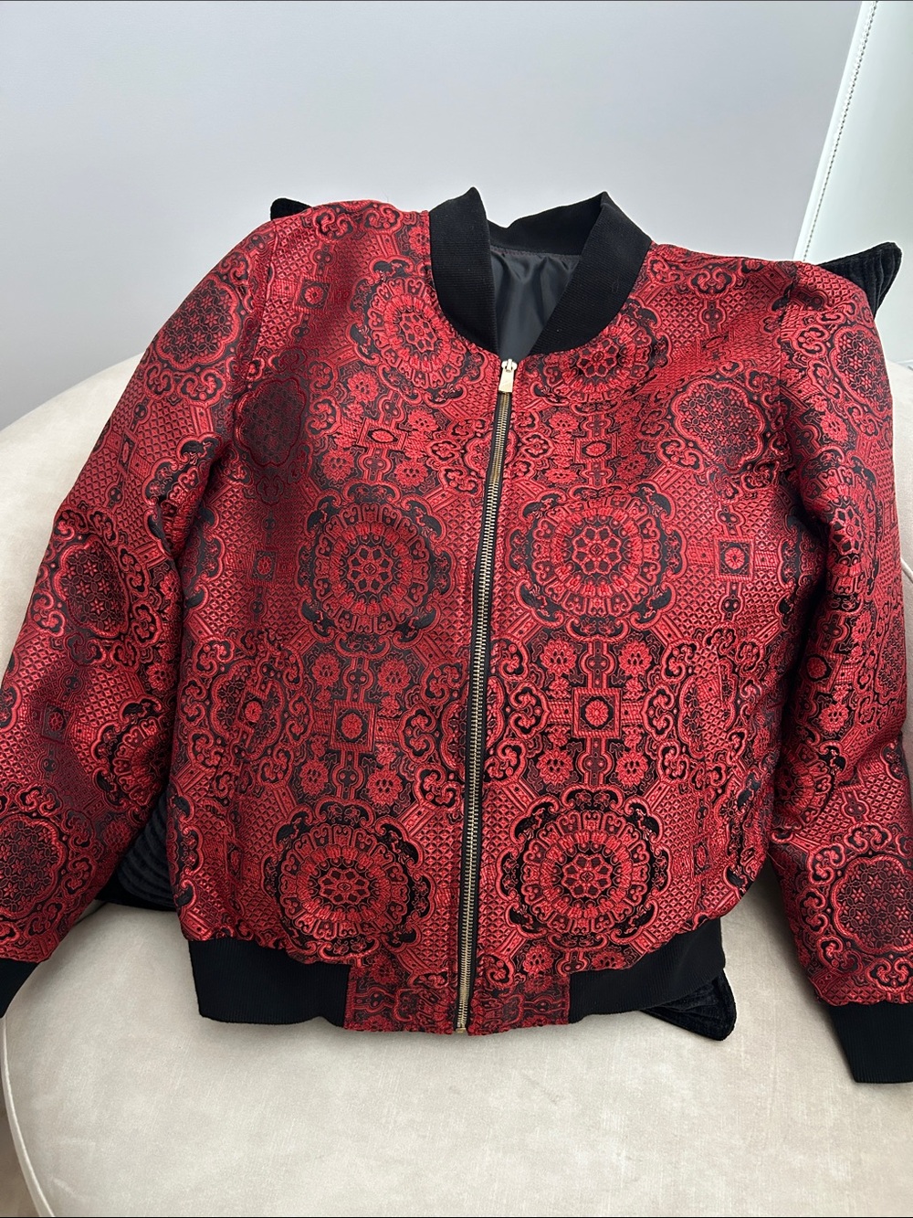 Women's Red Patterned Bomber Jacket - Unbranded